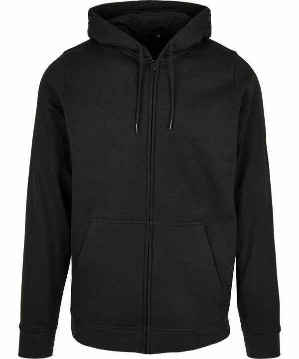 A Build Your Brand Basic BB008 with a front zipper and two front pockets. It features a hood with drawstrings and long sleeves. The design is simple and unadorned, with no visible logos or patterns.