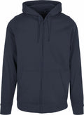 The BB008, a zip-up hoodie in plain dark navy blue from Build Your Brand Basic, features a hood and front pockets.