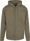 The Build Your Brand Basic BB008 is a casual, plain olive green hoodie featuring a front zipper, drawstrings, long sleeves, and a convenient kangaroo pocket.