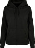 Build Your Brand Basic BB009 black hoodie featuring a zip-up design with a hood and front pockets.