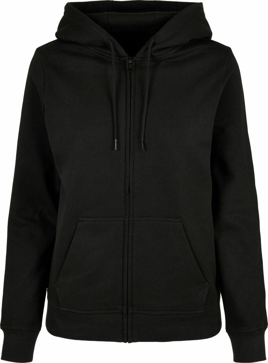 Build Your Brand Basic BB009 black hoodie featuring a zip-up design with a hood and front pockets.