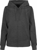 Introducing the BB009 by Build Your Brand Basic: a sleek, dark gray zip-up hoodie featuring a hood and convenient front pockets, showcased from the front.
