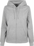 A Build Your Brand Basic BB009 gray zip-up hoodie, featuring a hood and front pockets, displayed facing forward.