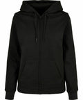 A black zip-up hoodie with a front zipper, adjustable drawstrings on the hood, and two front pockets. The BB009 by Build Your Brand Basic has long sleeves and a relaxed fit, suitable for casual wear.