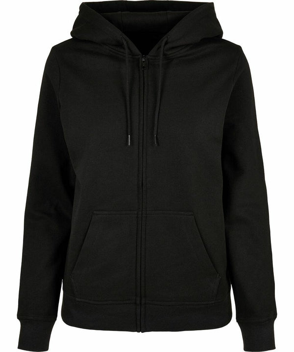 A black zip-up hoodie with a front zipper, adjustable drawstrings on the hood, and two front pockets. The BB009 by Build Your Brand Basic has long sleeves and a relaxed fit, suitable for casual wear.