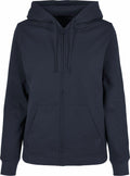 The BB009 hoodie by Build Your Brand Basic, featuring a black zip-up design with a drawstring hood and front pockets, is displayed against a white background.