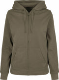 The BB009 zip-up hoodie from Build Your Brand Basic features a plain olive green design, complete with a drawstring hood and two front pockets, displayed against a white background.