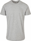 The BB010 by Build Your Brand Basic is a plain gray crew neck T-shirt showcased against a white background. It features short sleeves and a minimalist design, free from logos or patterns.