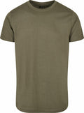 The BB010 from Build Your Brand Basic is a plain olive green t-shirt showcased against a white background, featuring a classic round neckline and short sleeves.