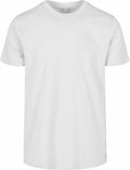 A BB010 short-sleeved, plain white crew neck T-shirt by Build Your Brand Basic, displayed against a white background with a simple design.