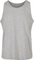 A plain gray sleeveless tank top from Build Your Brand Basic (product BB011) is displayed against a white background. The fabric looks lightweight and comfortable, making it ideal for casual wear or sports activities. It features a round neckline and has a simple, classic design.