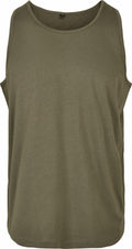 BB011 tank top by Build Your Brand Basic displayed on a plain white background, featuring an olive green color and sleeveless design.