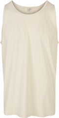 A BB011 tank top from Build Your Brand Basic, featuring a simple beige design with a round neckline and no sleeves, is shown against a white background. The size label at the back of the collar indicates it is a medium (M).