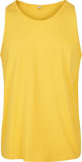 A plain yellow sleeveless tank top from Build Your Brand Basic, Product Name: BB011, displayed on a white background. The shirt is simple with no patterns or logos.