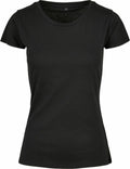 The BB012 from Build Your Brand Basic is a plain black T-shirt featuring a round neckline, displayed against a white background.