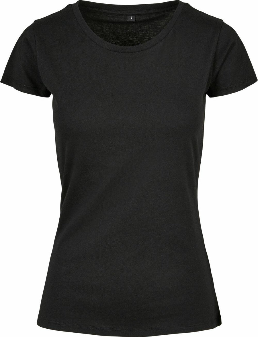 The BB012 from Build Your Brand Basic is a plain black T-shirt featuring a round neckline, displayed against a white background.