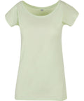 The product is the BB012 from Build Your Brand Basic, featuring a plain, light green short-sleeve T-shirt set against a white background.