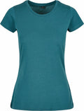 The BB012 from Build Your Brand Basic is a teal crew-neck, short-sleeve T-shirt displayed on a plain white background. It features a simple, classic design with a fitted silhouette.