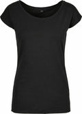 The Build Your Brand Basic BB013 is a plain black T-shirt featuring short sleeves and a round neckline.