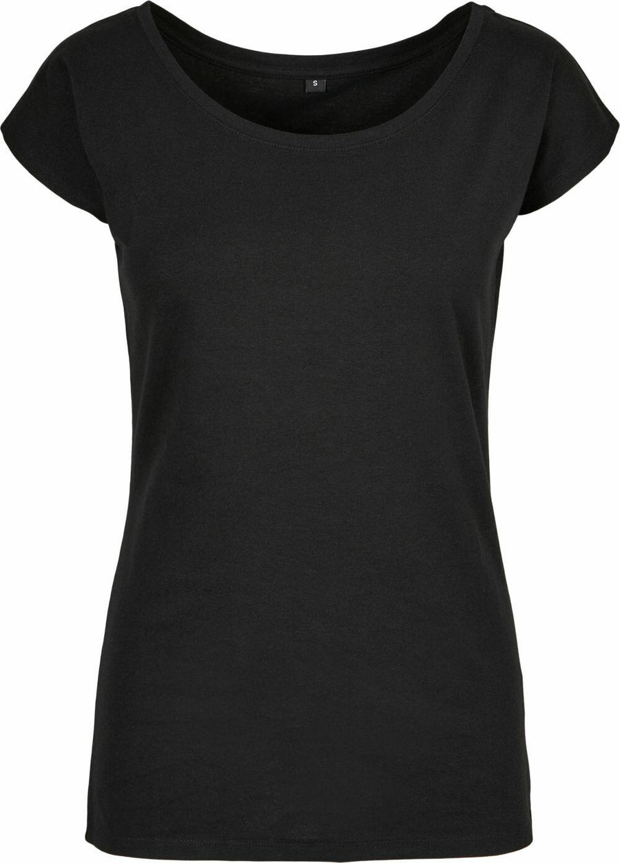 The Build Your Brand Basic BB013 is a plain black T-shirt featuring short sleeves and a round neckline.