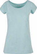 BB013 by Build Your Brand Basic is a light blue short-sleeve t-shirt featuring a round neckline, showcased on a plain white background.