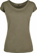 The BB013 women's T-shirt by Build Your Brand Basic features a plain olive green design with short sleeves and a round neckline, showcased on a white background. Its simplicity emphasizes its basic and casual style.