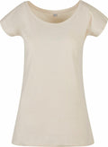 Displayed against a white background is the BB013 t-shirt by Build Your Brand Basic; a plain beige, short-sleeved, scoop neck design featuring a loose fit.