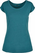 A teal, short-sleeved, scoop-neck T-shirt from Build Your Brand Basic (Product Name: BB013) is displayed against a white background. The fabric appears smooth, and the shirt features a simple, casual design.