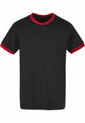 BB022 from Build Your Brand Basic is a black T-shirt featuring red trim on the collar and sleeves.