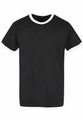 BB022 by Build Your Brand Basic, a black T-shirt featuring white trim on the collar and sleeves, shown against a plain background.