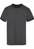 The BB022 T-shirt from Build Your Brand Basic features a plain dark gray design with black trim on the collar and sleeve cuffs, set against a white background.