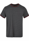 Product Name BB022 by Build Your Brand Basic is a dark gray T-shirt featuring short sleeves and a contrasting maroon neckline and sleeve edges, presented against a plain white background.