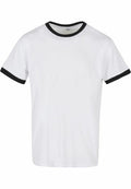 The BB022 by Build Your Brand Basic is a plain white T-shirt with black trim on the collar and sleeves, showcased against a white background.