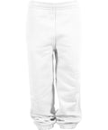 Sweatpants: Plain white tracksuit bottoms featuring an elasticated waistband and elasticated ankle cuffs, displayed on a white background.