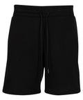 Shorts: Black plain shorts featuring an elasticated waistband and a front drawstring tie, shown on a white background.