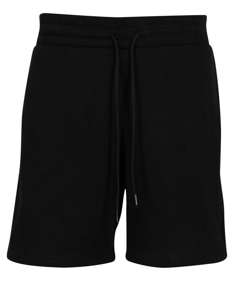 Shorts: Black plain shorts featuring an elasticated waistband and a front drawstring tie, shown on a white background.