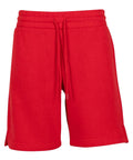 Shorts featuring a red colour, elasticated waistband, drawstring tie, and subtle side slits at the hem. Made from soft fabric, ideal for casual outings or sportswear.