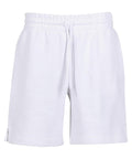 Plain white shorts called "Shorts" featuring an elasticated waistband and drawstring, displayed on a white background.