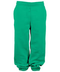 Bright green tracksuit bottoms with an elasticated waistband and ankle cuffs, shown on a white background.
