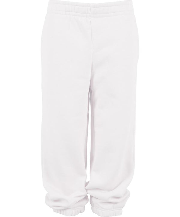 Build Your Brand Basic Kids basic joggers in plain white, featuring an elastic waistband and ankle cuffs, displayed against a white background.