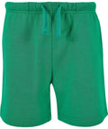 Bright green shorts with an elasticated waistband and drawstring, shown on a plain white background. Simple design made from soft fabric.