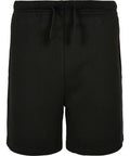 The Kids basic sweat shorts by Build Your Brand Basic are plain black, made from soft fabric, and feature an elasticated waistband with a front drawstring, displayed against a white background.