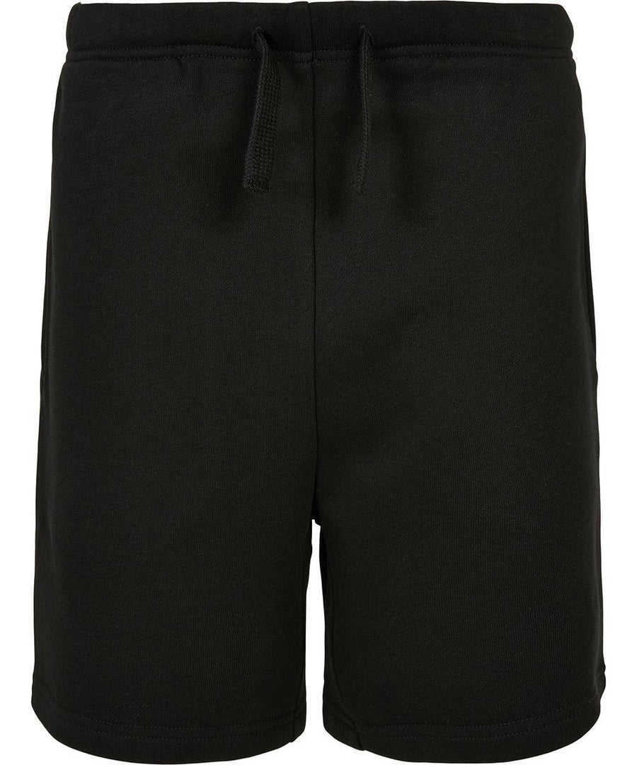 The Kids basic sweat shorts by Build Your Brand Basic are plain black, made from soft fabric, and feature an elasticated waistband with a front drawstring, displayed against a white background.