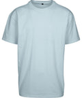 A plain light blue short-sleeve crew neck T-shirt is shown on a white background, featuring an unadorned design with no visible logos or prints.