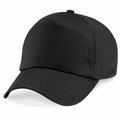 A plain black BC010 baseball cap with a curved brim by Beechfield is displayed against a white background.