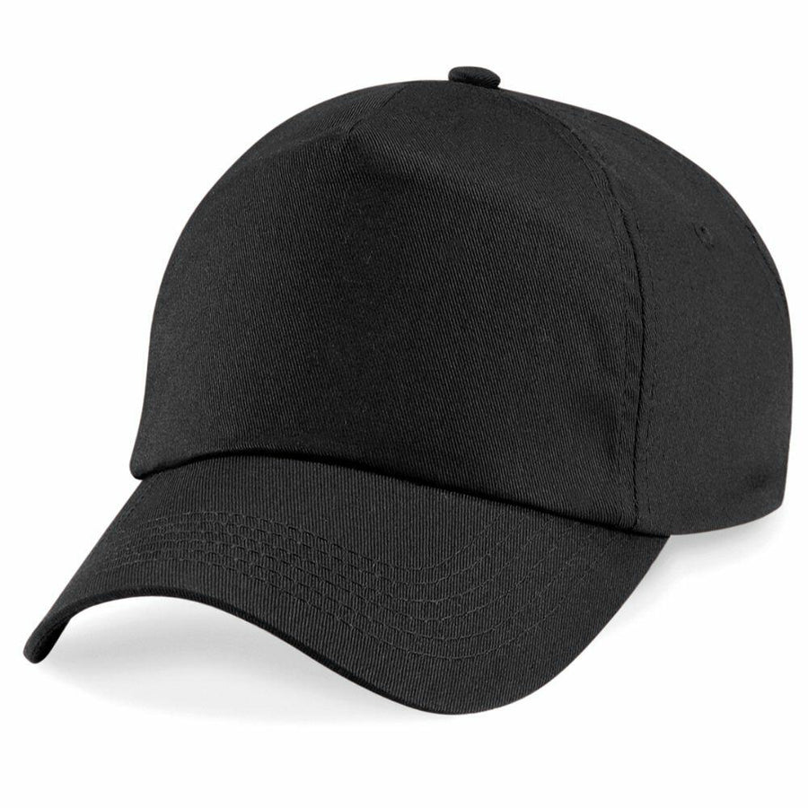 A plain black BC010 baseball cap with a curved brim by Beechfield is displayed against a white background.
