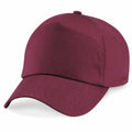 Presented on a plain white background is the Beechfield BC010, a maroon baseball cap featuring a curved brim. The cap showcases visible stitching along the brim and includes a button on top.