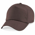 A Beechfield BC010 plain brown baseball cap featuring a curved brim and button top, displayed against a white background.