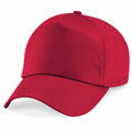 The BC010 by Beechfield is a plain red baseball cap with a curved brim, displayed against a white background.