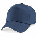 The BC010 by Beechfield is a solid navy blue baseball cap featuring a curved brim and an adjustable back strap, offering a plain design without any visible logos or embellishments.